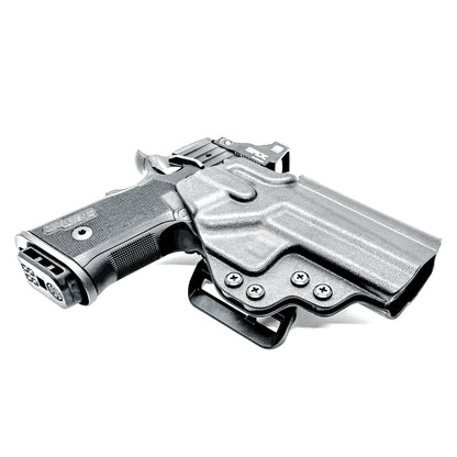 Sig Sauer P211 GT4 OWB Kydex holster with precision-molded fit, adjustable retention, and tough .093" construction. Comfortable carry. Made in the USA. Shown in black with the 4BROS 1.5" Belt Slide.