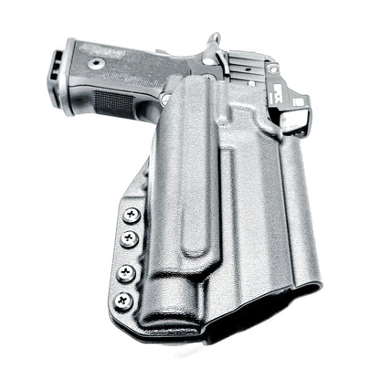 OWB holster for the Sig Sauer P211 GT4 and Streamlight TLR-1 HL-X or TLR-1 HL-X USB for Outside Waistband carry. Optics-ready and adjustable retention.
