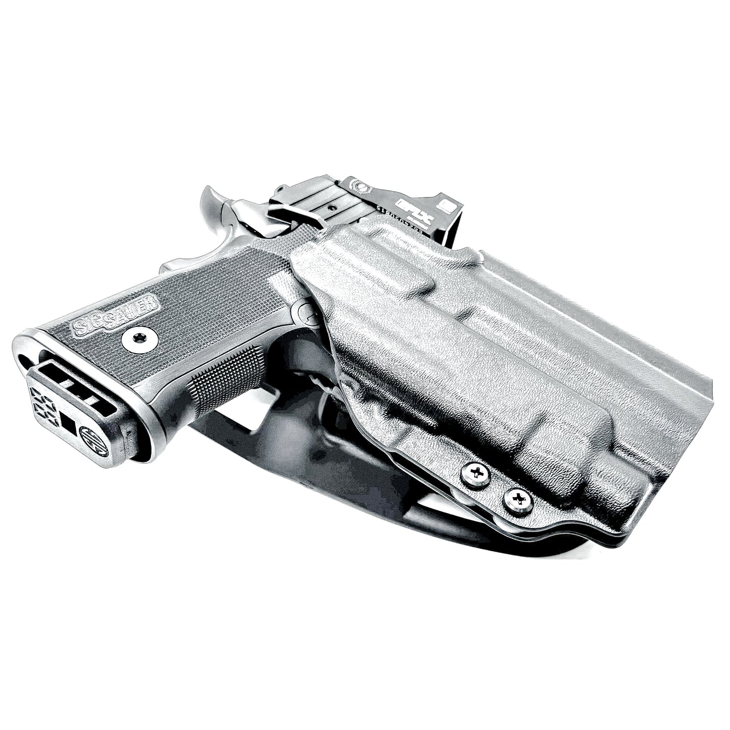 Sig Sauer P211 GT4 & Streamlight TLR-7 HL-X Outside Waistband Light-Duty & Competition holster. Durable OWB range-use holster with precision fit and fast draw.  Shown in black with a duty drop belt attachment.