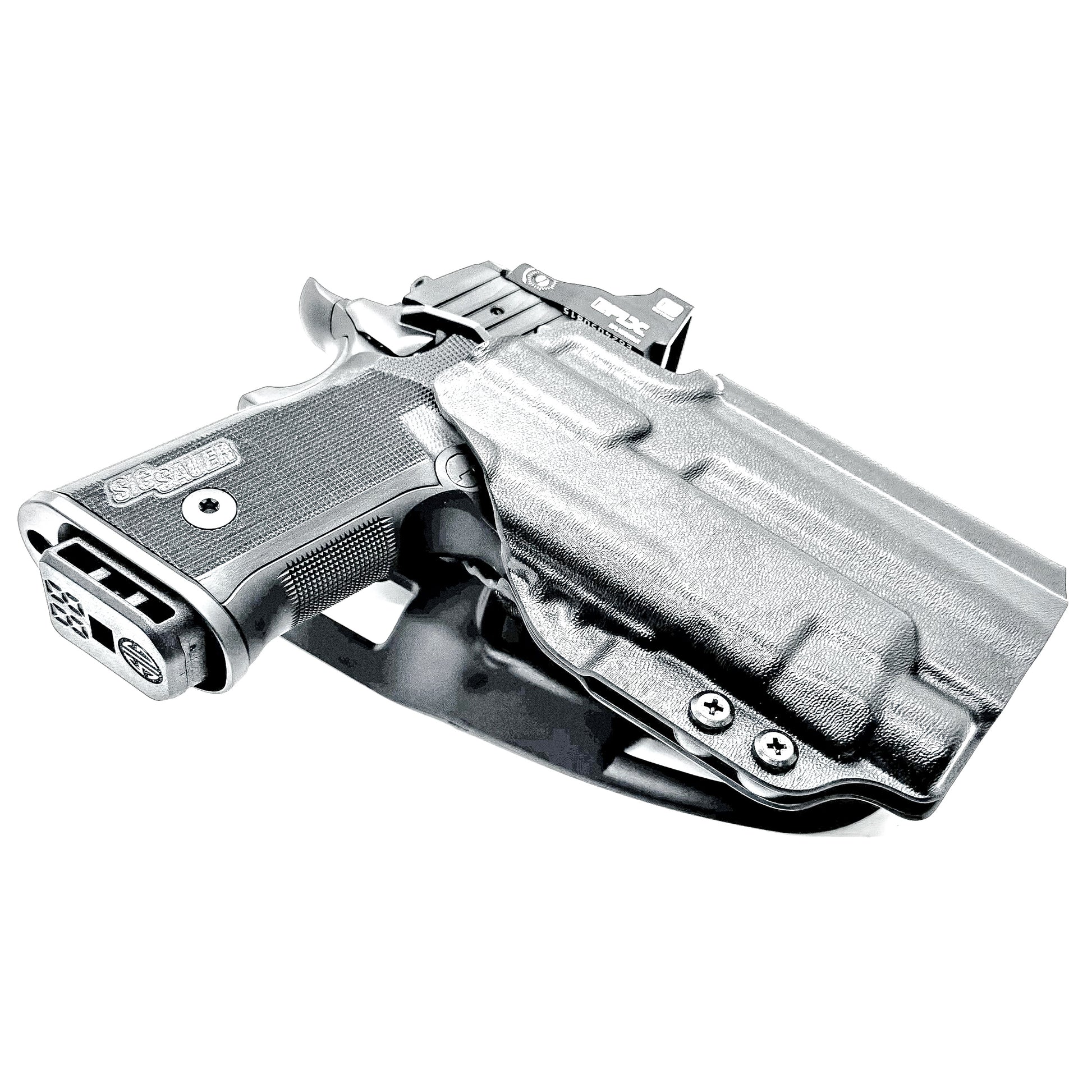 Sig Sauer P211 GT4 & Streamlight TLR-7 HL-X Outside Waistband Light-Duty & Competition holster. Durable OWB range-use holster with precision fit and fast draw.  Shown in black with a duty drop belt attachment.