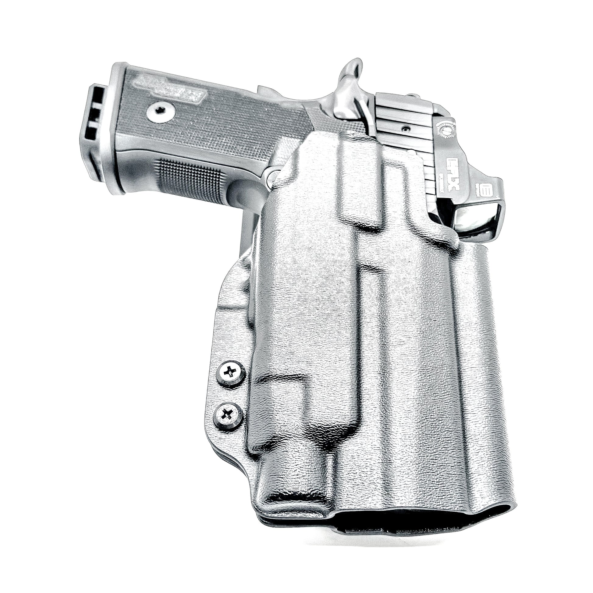 Sig Sauer P211 GT4 & Streamlight TLR-7 HL-X Outside Waistband Light-Duty & Competition holster. Durable OWB range-use holster with precision fit and fast draw.  Shown in black with a duty drop belt attachment.