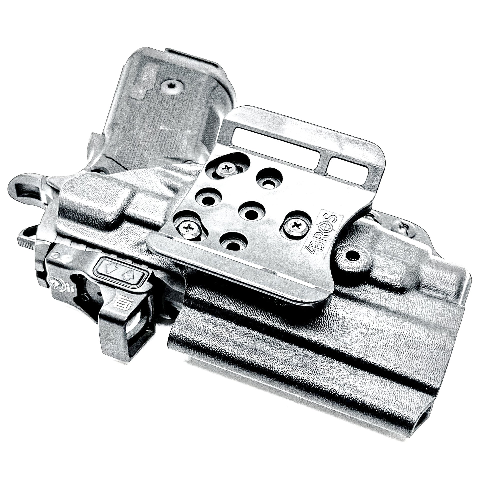 Black Sig Sauer P211 GT4 OWB holster for Streamlight TLR-7 HL-X. Outside Waistband carry built for durability, fast access, and consistent retention.  Shown with a 4BROS 1.5" belt slide attachment.