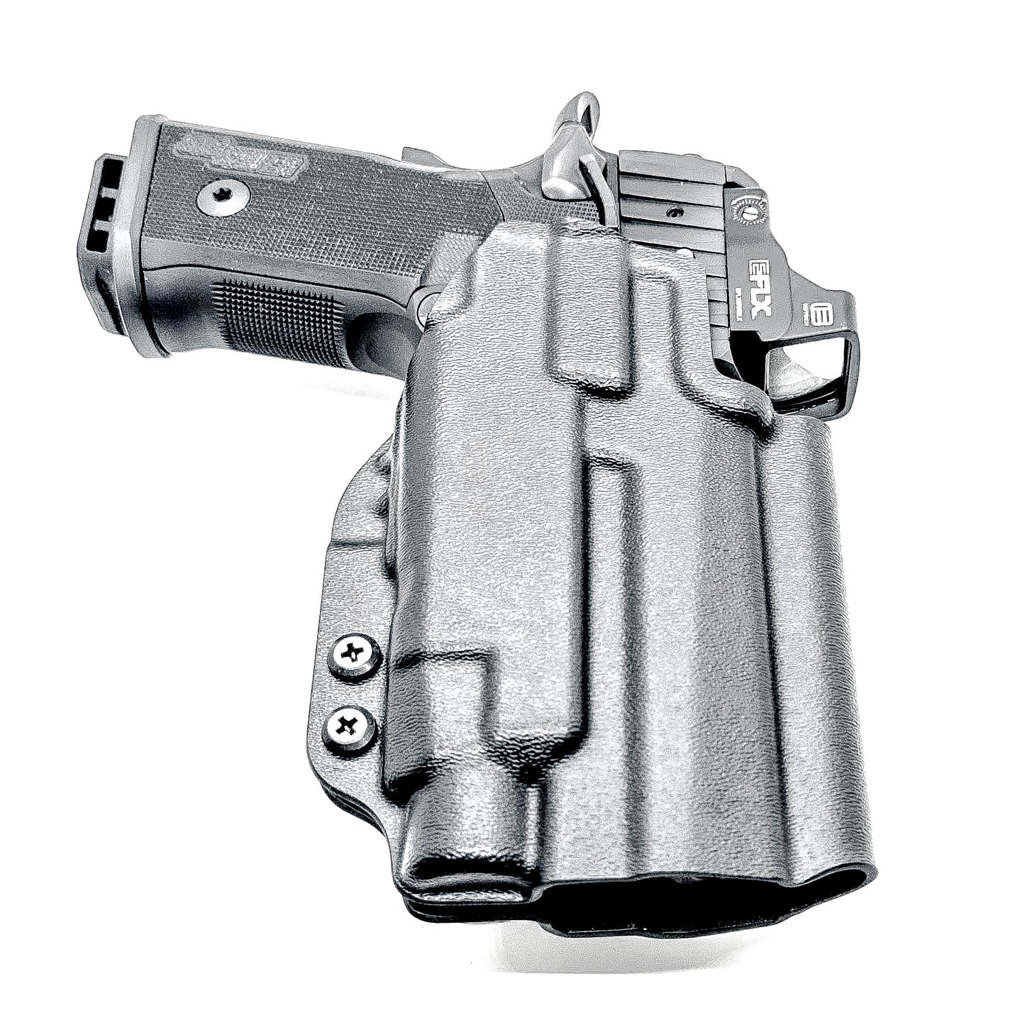 Black Sig Sauer P211 GT4 OWB holster for Streamlight TLR-7 HL-X. Outside Waistband carry built for durability, fast access, and consistent retention.  Shown with a 4BROS 1.5" belt slide attachment.