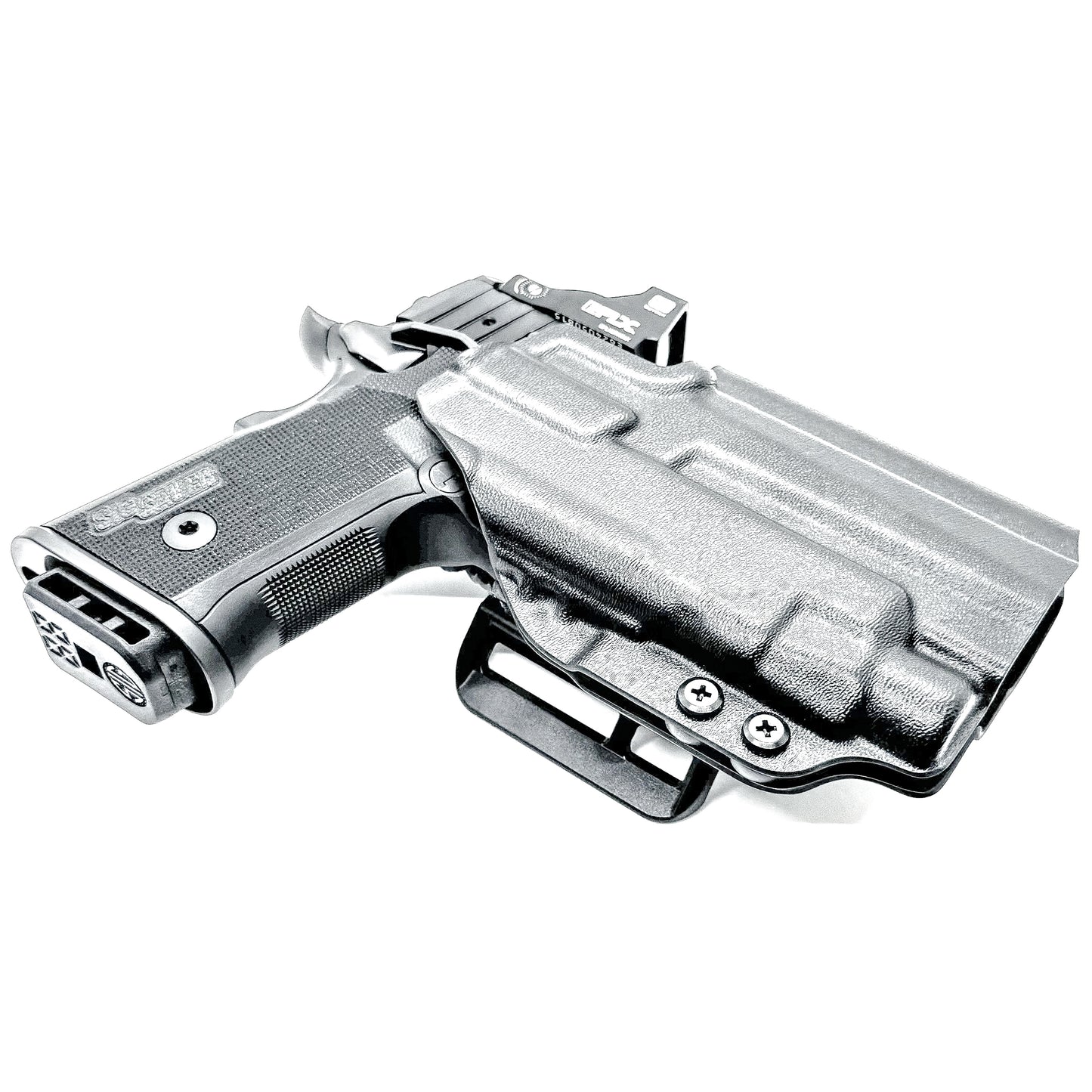 Black Sig Sauer P211 GT4 OWB holster for Streamlight TLR-7 HL-X. Outside Waistband carry built for durability, fast access, and consistent retention.  Shown with a 4BROS 1.5" belt slide attachment.