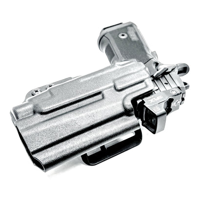 Black Sig Sauer P211 GT4 OWB holster for Streamlight TLR-7 HL-X. Outside Waistband carry built for durability, fast access, and consistent retention.  Shown with a 4BROS 1.5" belt slide attachment.
