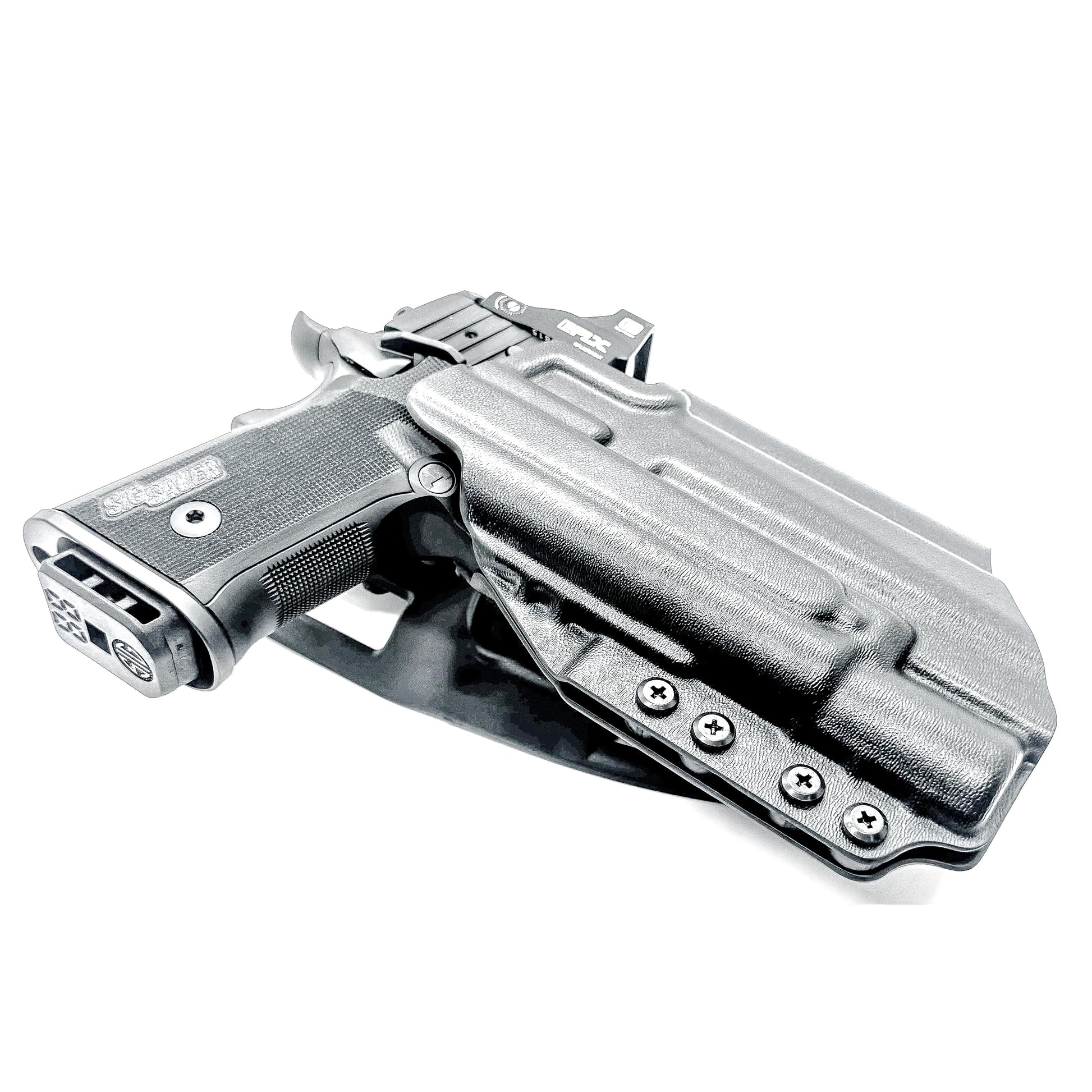 Sig Sauer P211 GT4 duty & competition holster with Surefire X300U-A/B.  Shown in black with a duty drop belt attachment and is precision-molded of .093" material for secure retention and smooth draws. Made in the USA.
