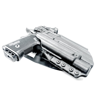 Sig Sauer P211 GT4 duty & competition holster with Surefire X300U-A/B.  Shown in black with a duty drop belt attachment and is precision-molded of .093" material for secure retention and smooth draws. Made in the USA.