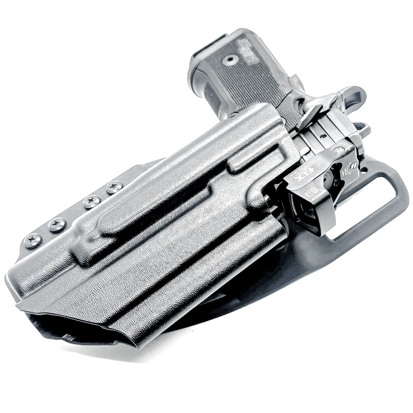Sig Sauer P211 GT4 duty & competition holster with Surefire X300U-A/B.  Shown in black with a duty drop belt attachment and is precision-molded of .093" material for secure retention and smooth draws. Made in the USA.