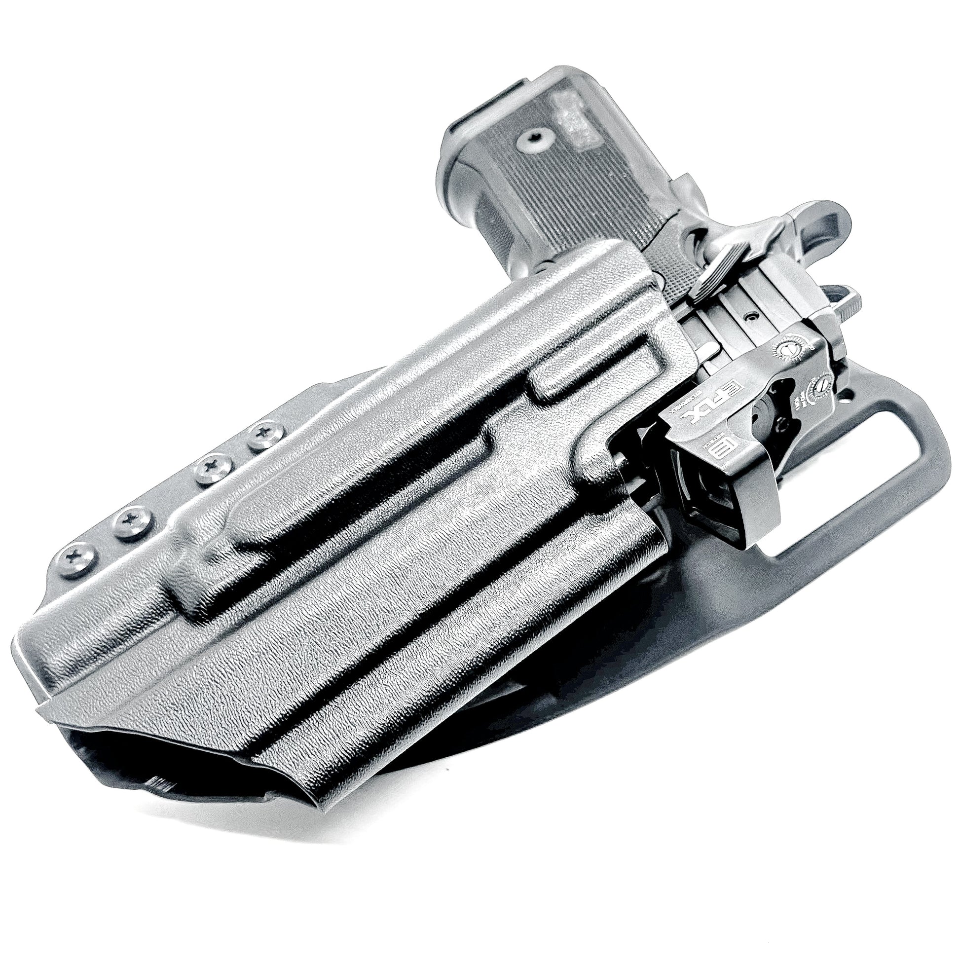 Sig Sauer P211 GT4 duty & competition holster with Surefire X300U-A/B.  Shown in black with a duty drop belt attachment and is precision-molded of .093" material for secure retention and smooth draws. Made in the USA.
