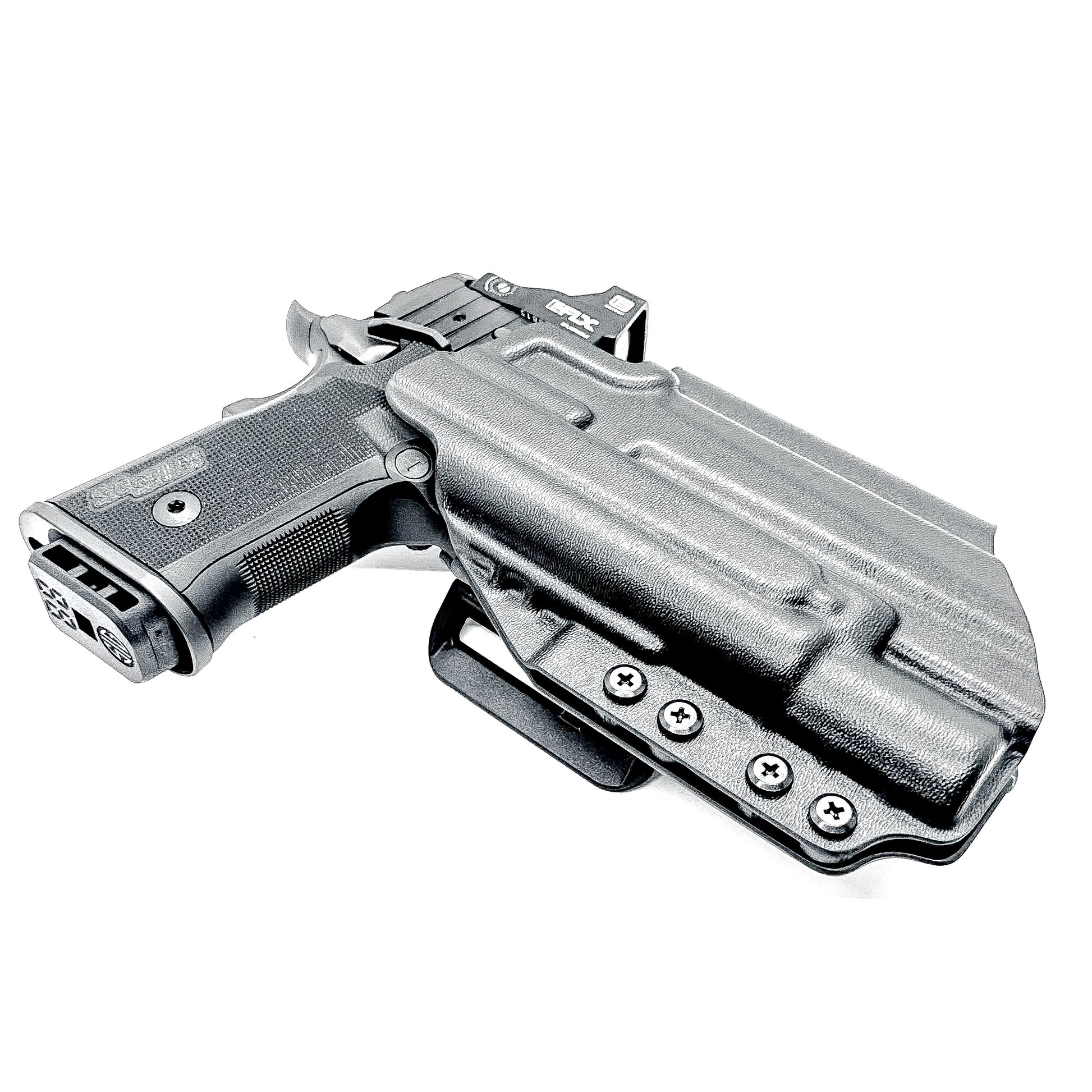 Black Sig Sauer P211 GT4 & X300U-A and X300U-B OWB Kydex holster has a 4BROS 1.5" Belt Slide.  Formed with a precision-molded fit, adjustable retention, and tough .093" construction.   Made in the USA.