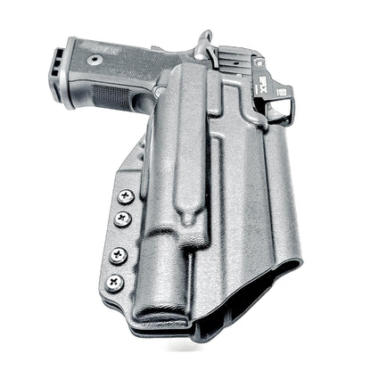 Black Sig Sauer P211 GT4 & X300U-A and X300U-B OWB Kydex holster has a 4BROS 1.5" Belt Slide.  Formed with a precision-molded fit, adjustable retention, and tough .093" construction.   Made in the USA.