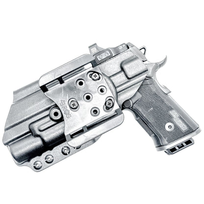 Black Sig Sauer P211 GT4 & X300U-A and X300U-B OWB Kydex holster has a 4BROS 1.5" Belt Slide.  Formed with a precision-molded fit, adjustable retention, and tough .093" construction.   Made in the USA.