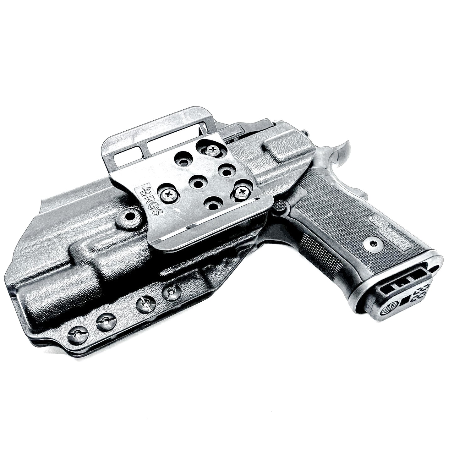 Black Sig Sauer P211 GT4 & X300U-A and X300U-B OWB Kydex holster has a 4BROS 1.5" Belt Slide.  Formed with a precision-molded fit, adjustable retention, and tough .093" construction.   Made in the USA.