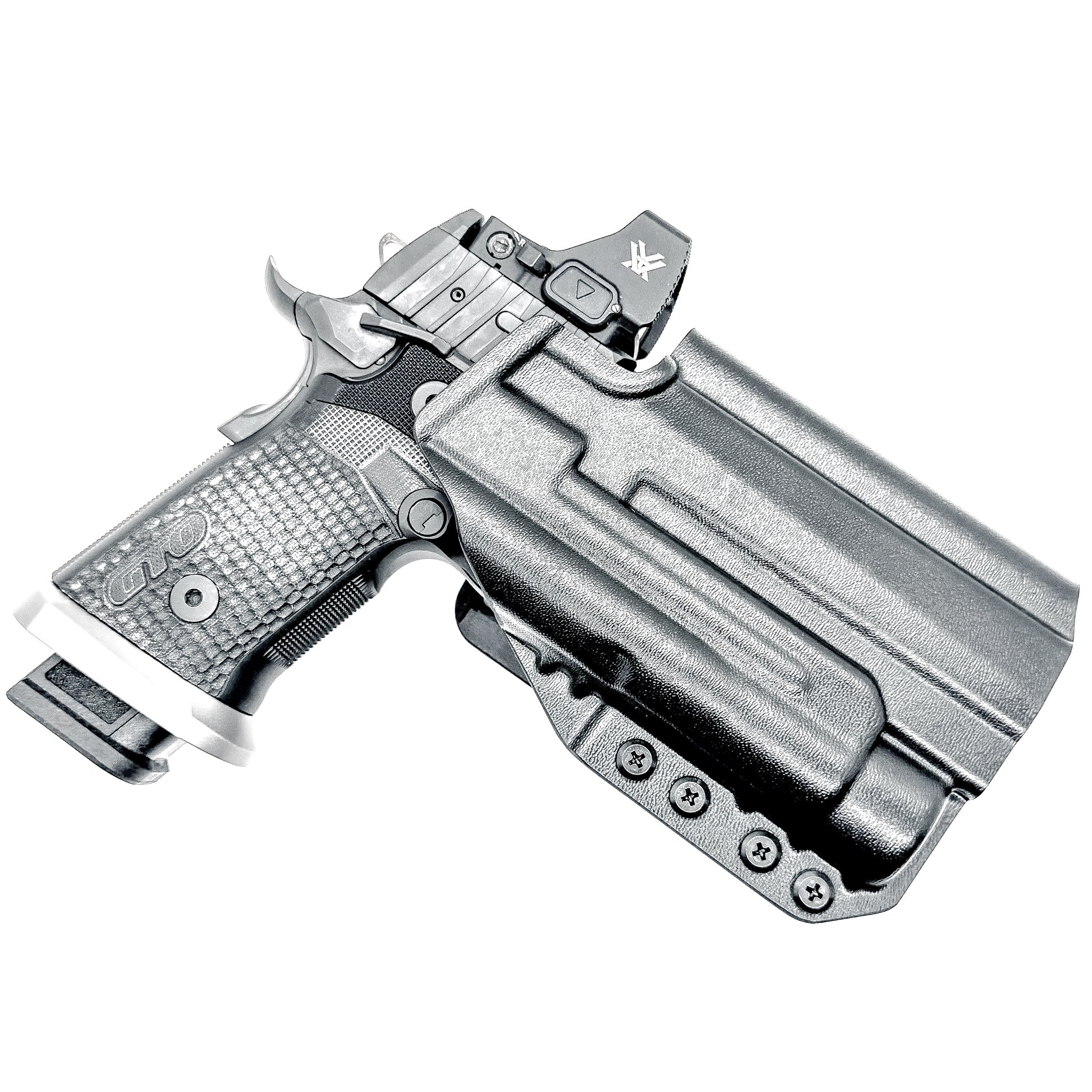 OWB holster for the Sig Sauer P211 GTO and Streamlight TLR-1 HL or TLR-1 HP for Outside Waistband carry. Optics-ready and adjustable retention.