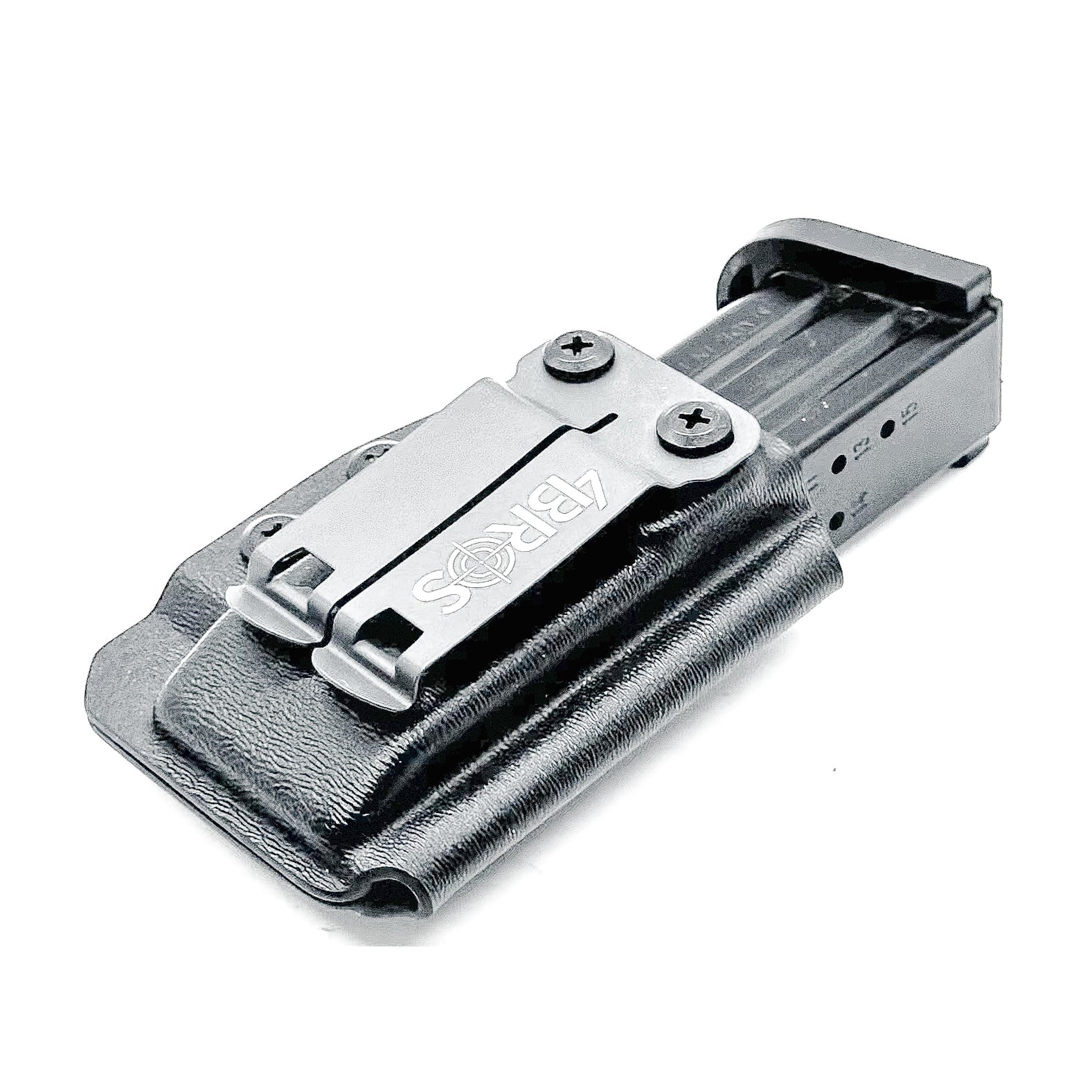 Black Kydex IWB AIWB appendix inside waistband magazine pouch carrier or holster for the Sig Sauer P320-XTEN 10mm from Four Brothers 4BROS Holsters. 