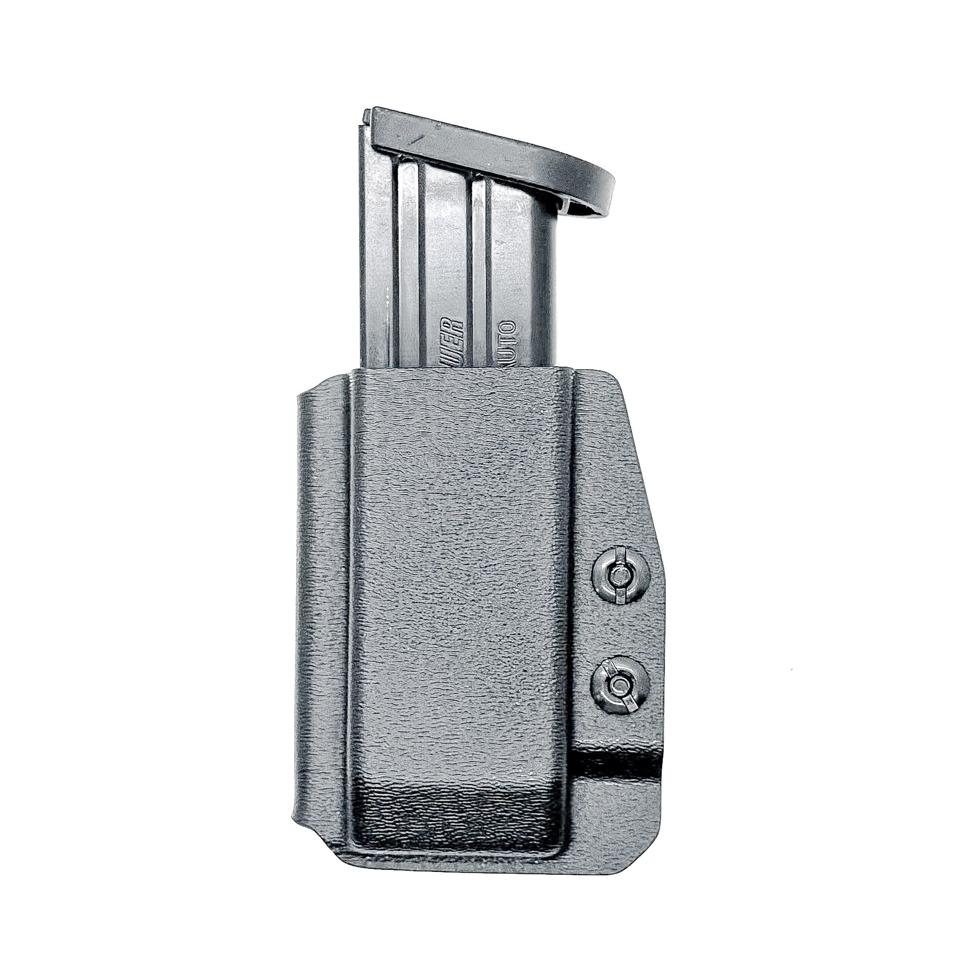 Black Kydex IWB AIWB appendix inside waistband magazine pouch carrier or holster for the Sig Sauer P320-XTEN 10mm from Four Brothers 4BROS Holsters. 
