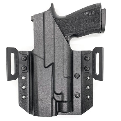 Outside Waistband Pancake Style Kydex holster designed to fit the Sig Sauer 10MM P320-XTEN and Streamlight TLR-1 or TLR-1 HL. Full sweat guard, adjustable retention, open muzzle cleared for a red dot sight. Proudly made in the USA for veterans & law enforcement. 10 MM P320 XTEN, P320 X Ten, or P 320 XTEN.