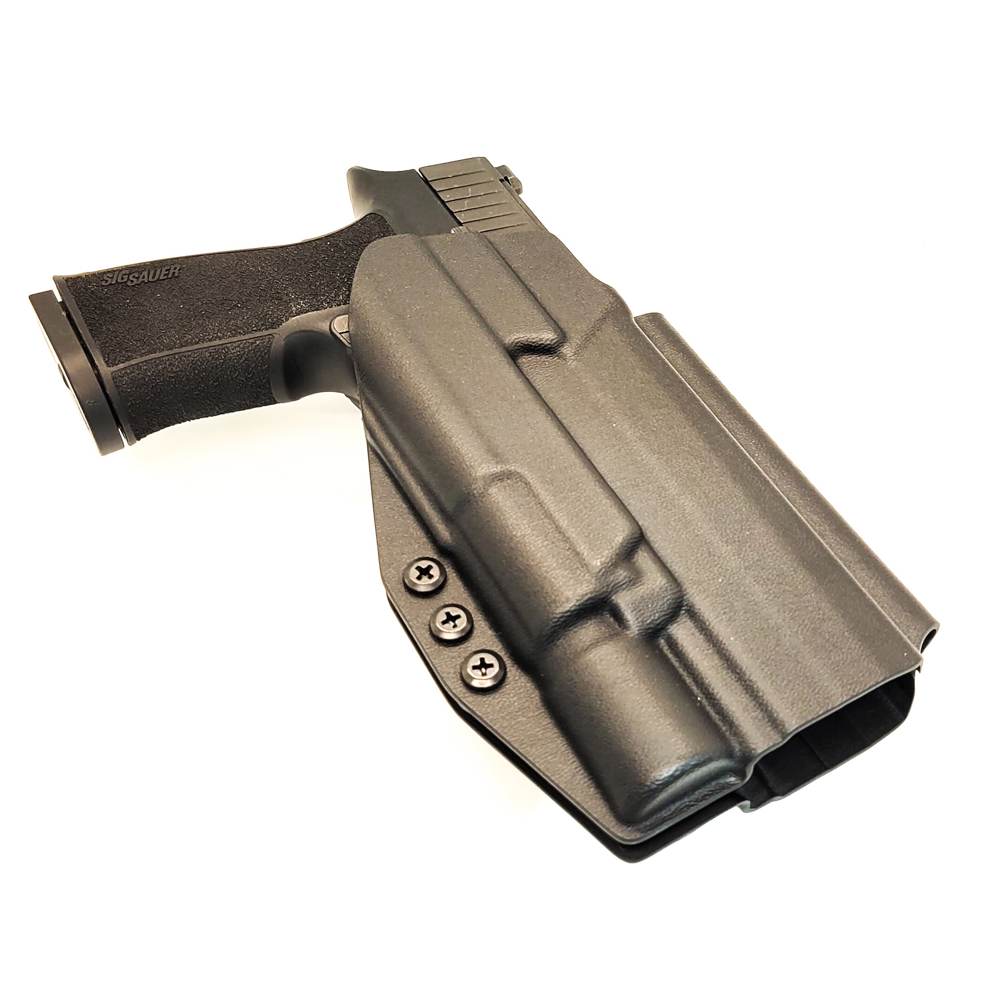 For the best OWB holster designed for the Sig Sauer 10MM P320-XTEN with the Surefire X-300UA or B & Align Tactical Thumb Rest, shop Four Brothers Holsters. 