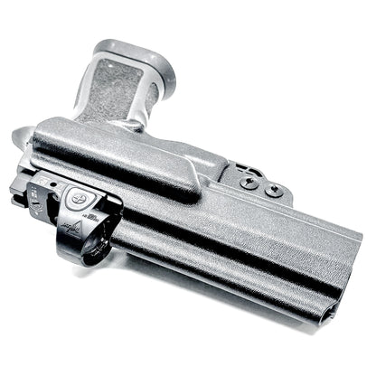 Inside Waistband Holster for the Sig Sauer P320 Full-Size, M17, M18, X-Five, X5, X-Carry & Align Tactical Thumb Rest shown in black with a DCC Monoblock clip and a modwing.