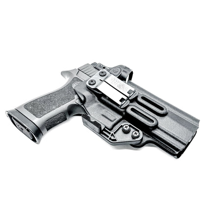 Inside Waistband Holster for the Sig Sauer P320 Full-Size, M17, M18, X-Five, X5, X-Carry & Align Tactical Thumb Rest shown in black with a DCC Monoblock clip and a modwing.