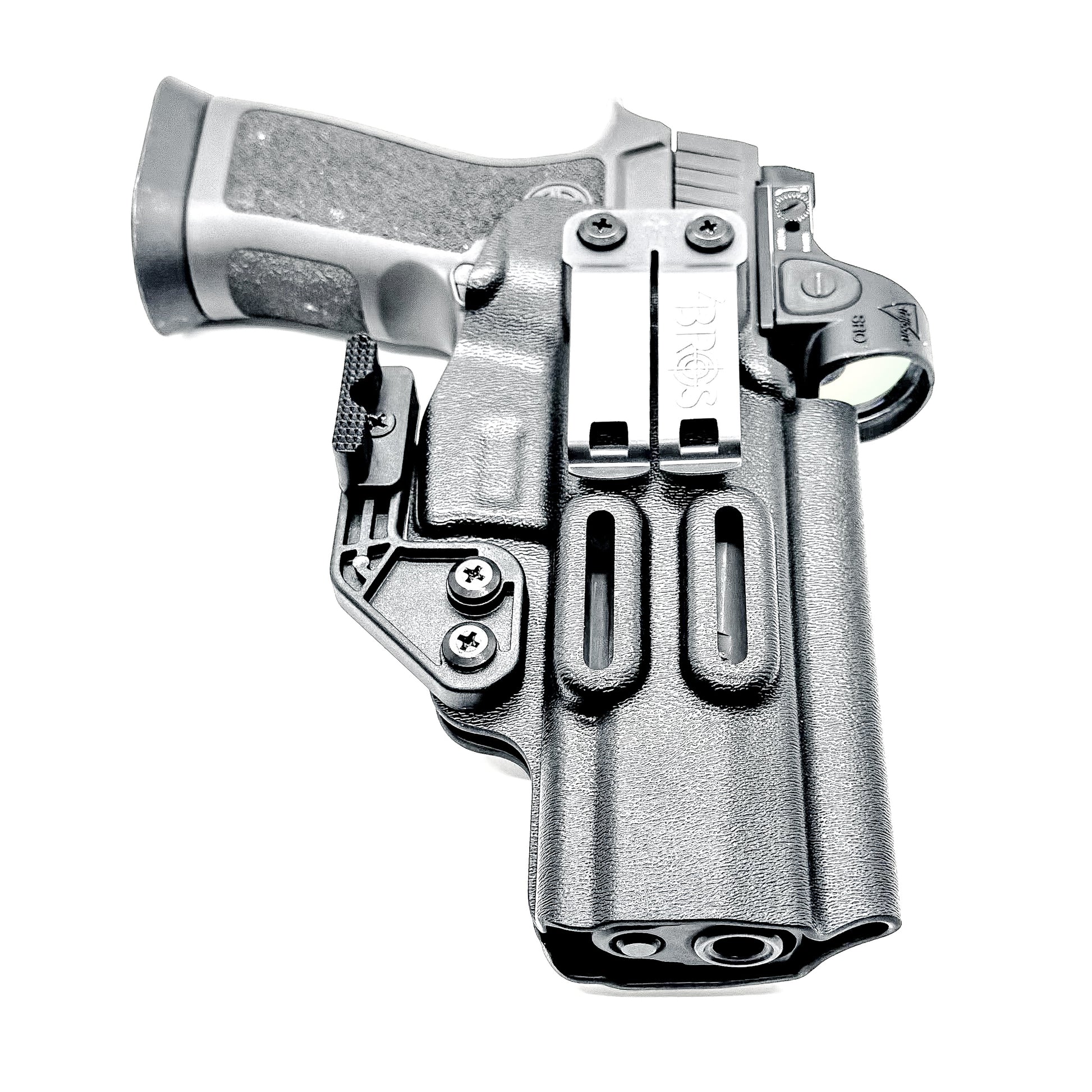 Inside Waistband Holster for the Sig Sauer P320 Full-Size, M17, M18, X-Five, X5, X-Carry & Align Tactical Thumb Rest shown in black with a DCC Monoblock clip and a modwing.