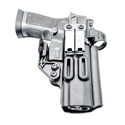 Inside Waistband Holster for the Sig Sauer P320 Full-Size, M17, M18, X-Five, X5, X-Carry & Align Tactical Thumb Rest shown in black with a DCC Monoblock clip and a modwing.