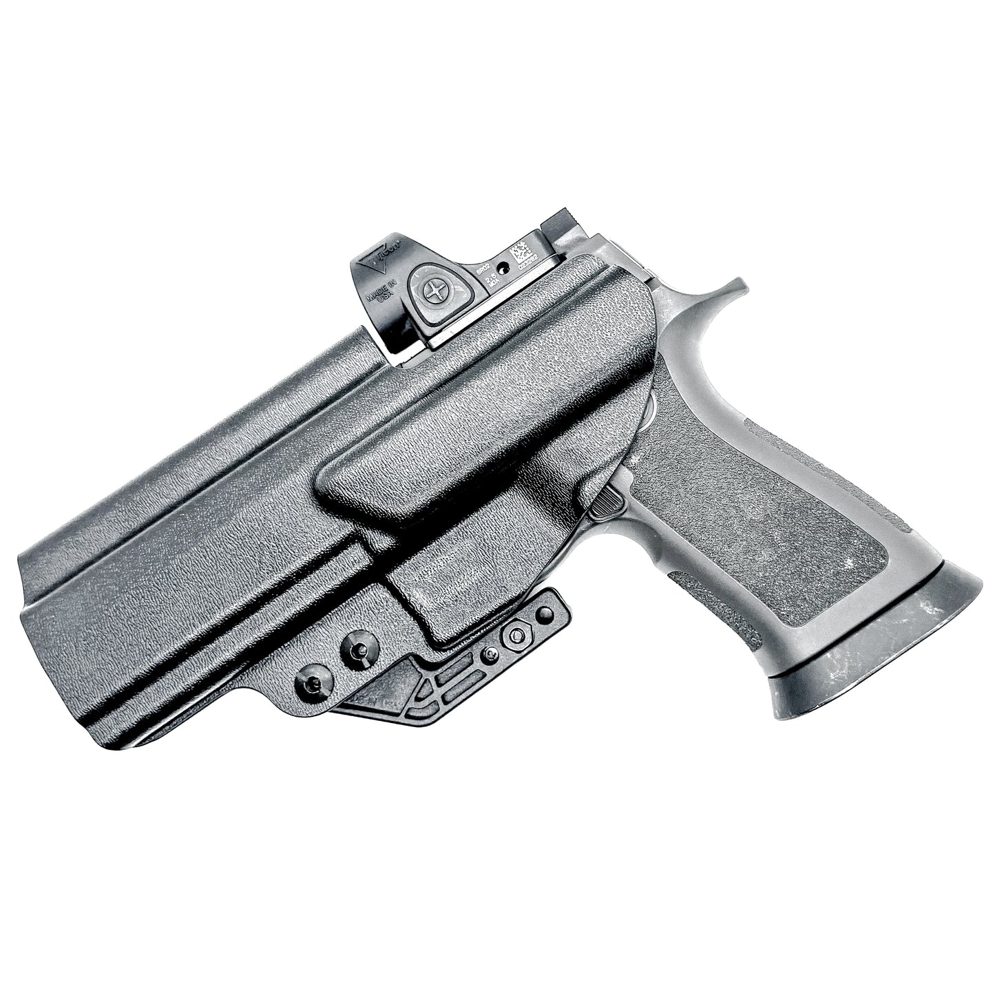 Inside Waistband Holster for the Sig Sauer P320 Full-Size, M17, M18, X-Five, X5, X-Carry & Align Tactical Thumb Rest shown in black with a DCC Monoblock clip and a modwing.