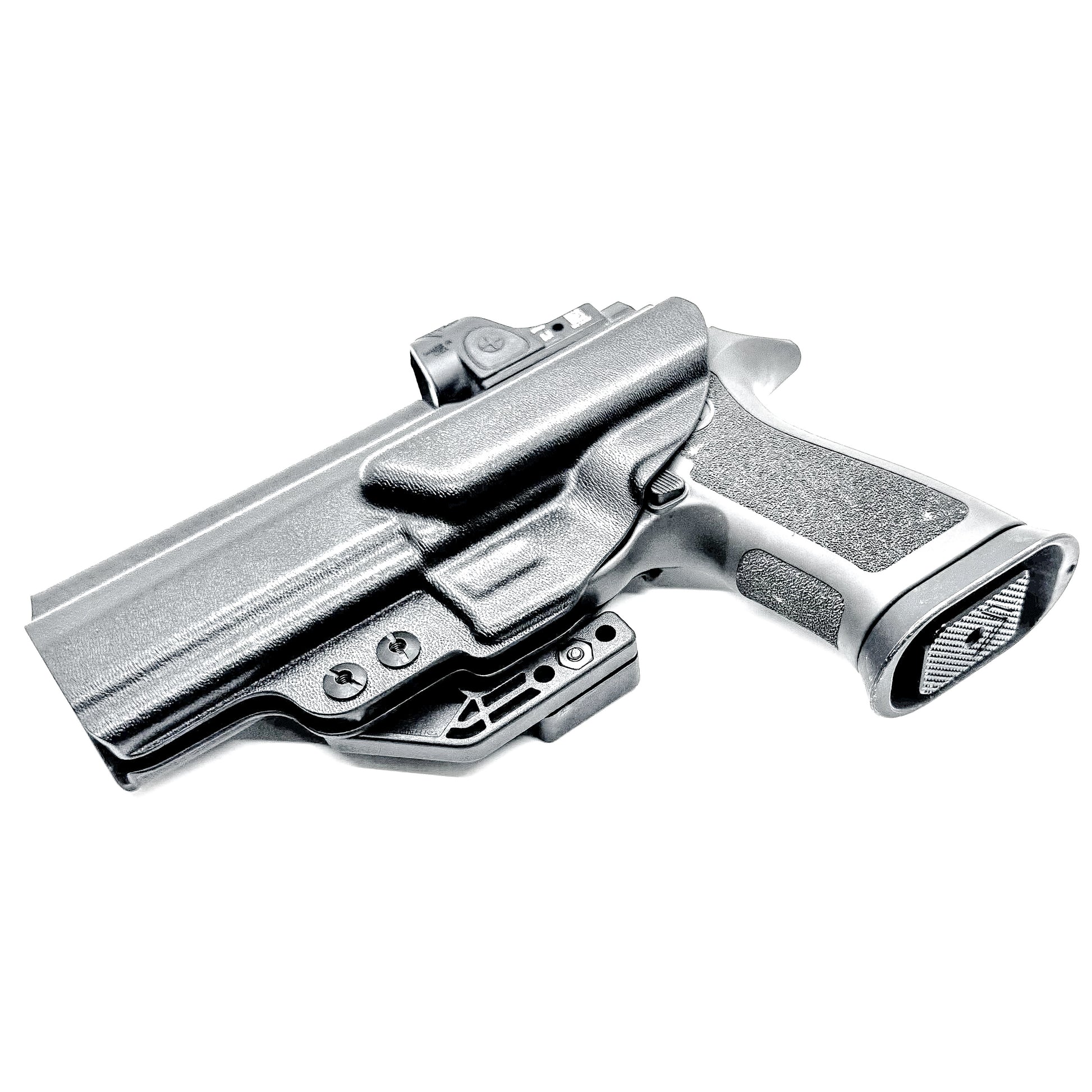 Inside Waistband Holster for the Sig Sauer P320 Full-Size, M17, M18, X-Five, X5, X-Carry & Align Tactical Thumb Rest shown in black with a DCC Monoblock clip and a modwing.