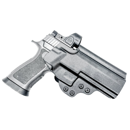 Black Outside Waistband OWB holster for the Sig Sauer P320 series pistols with the Align Tactical Thumb Rest installed with a duty drop attachment.