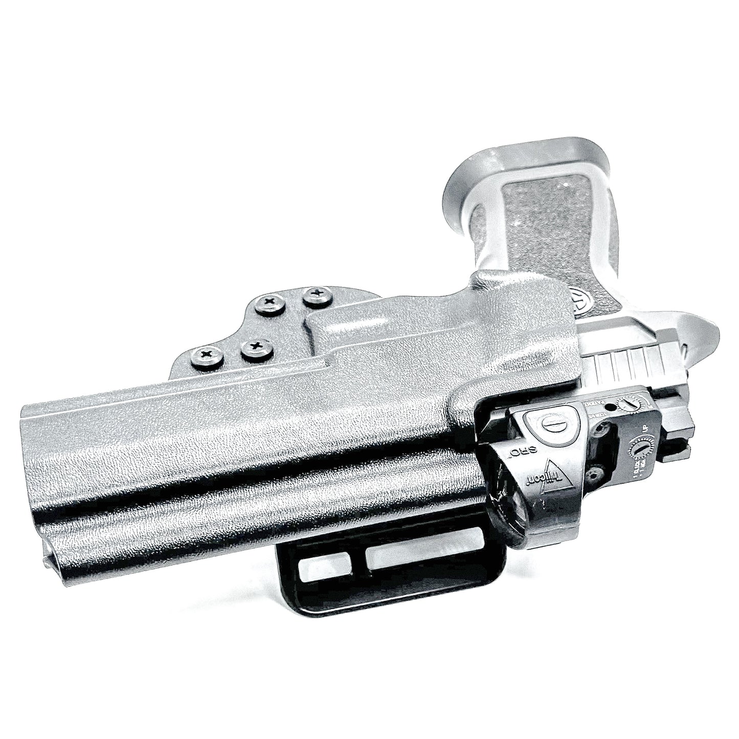 Black Outside Waistband OWB holster for the Sig Sauer P320 series pistols with the Align Tactical Thumb Rest installed with a duty drop attachment.
