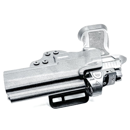 Black Outside Waistband OWB holster for the Sig Sauer P320 series pistols with the Align Tactical Thumb Rest installed with a duty drop attachment.