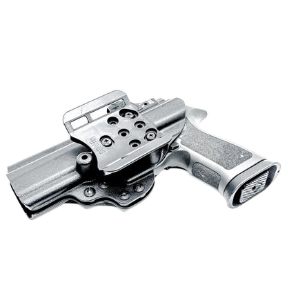Black Outside Waistband OWB holster for the Sig Sauer P320 series pistols with the Align Tactical Thumb Rest installed with a duty drop attachment.