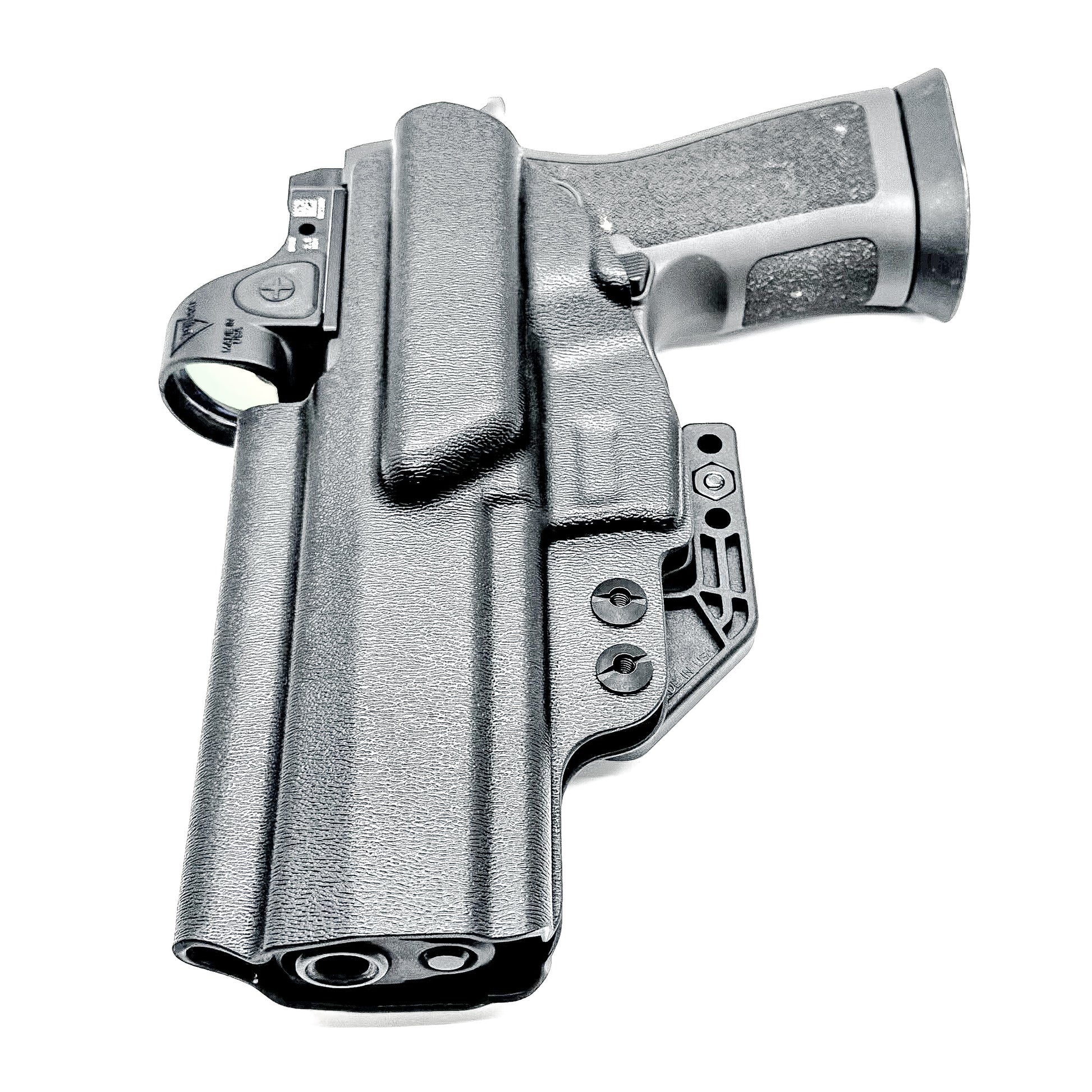 IWB Inside Waistband Holster for the Sig Sauer P320 Full Size, M17, M18, X-Five, X5, X-Carry & GoGun USA Gas Pedal shown in black with a DCC monoblock and a modwing.