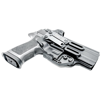 Black IWB Inside Waistband Kydex holster for the Sig Sauer P320 Full-size and M17 pistols with a DCC Monoblock and a Modwing.