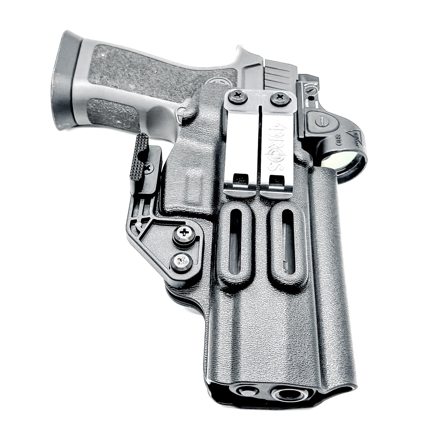 Black IWB Inside Waistband Kydex holster for the Sig Sauer P320 Full-size and M17 pistols with a DCC Monoblock and a Modwing.