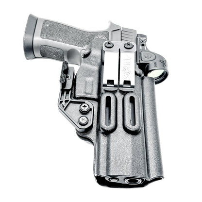 Black IWB Inside Waistband Kydex holster for the Sig Sauer P320 Full-size and M17 pistols with a DCC Monoblock and a Modwing.