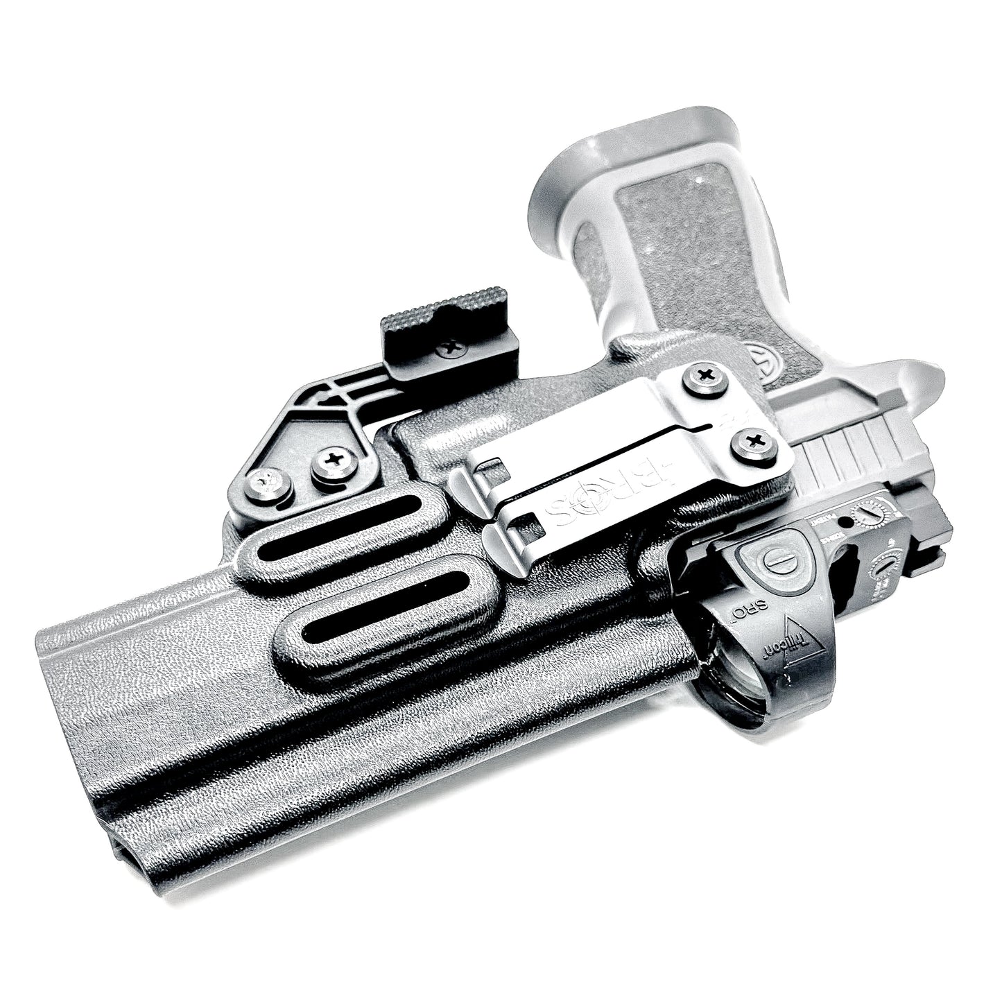 Black IWB Inside Waistband Kydex holster for the Sig Sauer P320 Full-size and M17 pistols with a DCC Monoblock and a Modwing.