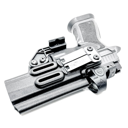 Black IWB Inside Waistband Kydex holster for the Sig Sauer P320 Full-size and M17 pistols with a DCC Monoblock and a Modwing.