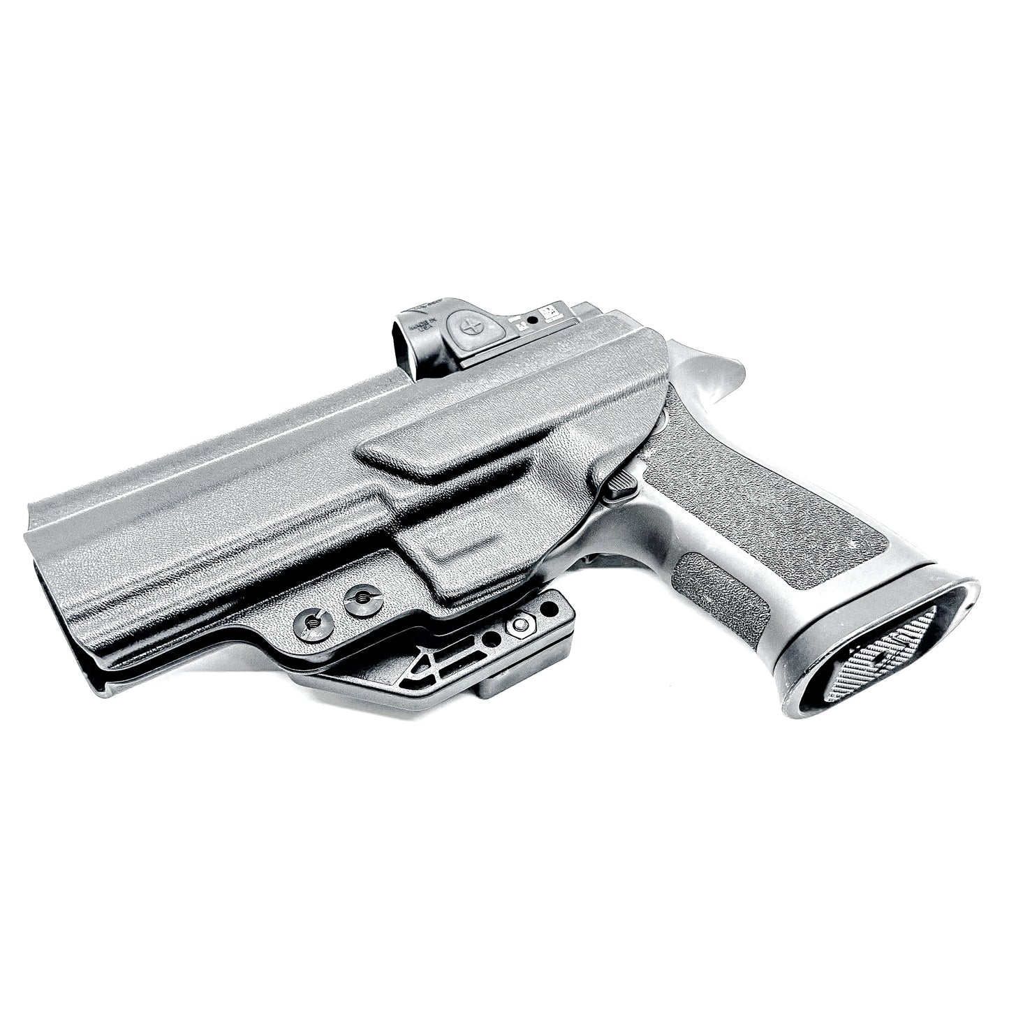 Black IWB Inside Waistband Kydex holster for the Sig Sauer P320 Full-size and M17 pistols with a DCC Monoblock and a Modwing.