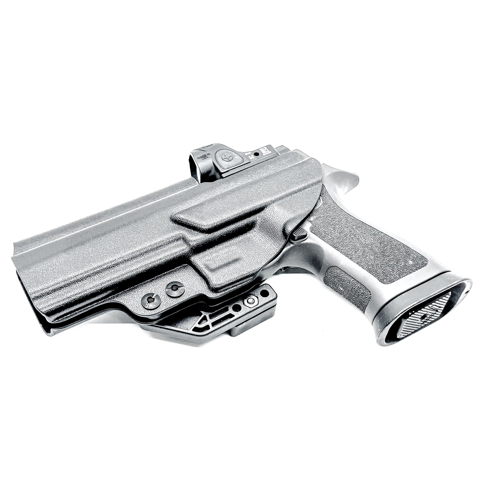 Black IWB Inside Waistband Kydex holster for the Sig Sauer P320 Full-size and M17 pistols with a DCC Monoblock and a Modwing.