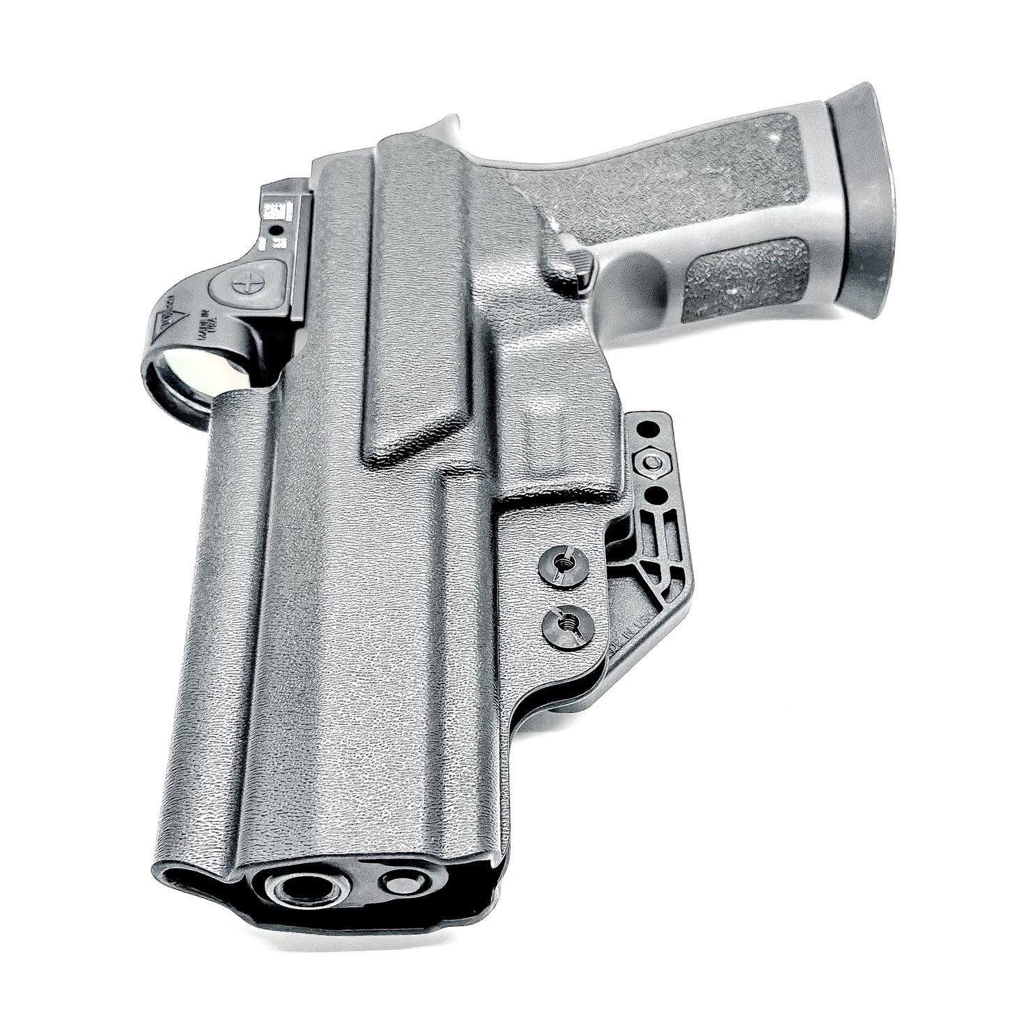 Black IWB Inside Waistband Kydex holster for the Sig Sauer P320 Full-size and M17 pistols with a DCC Monoblock and a Modwing.