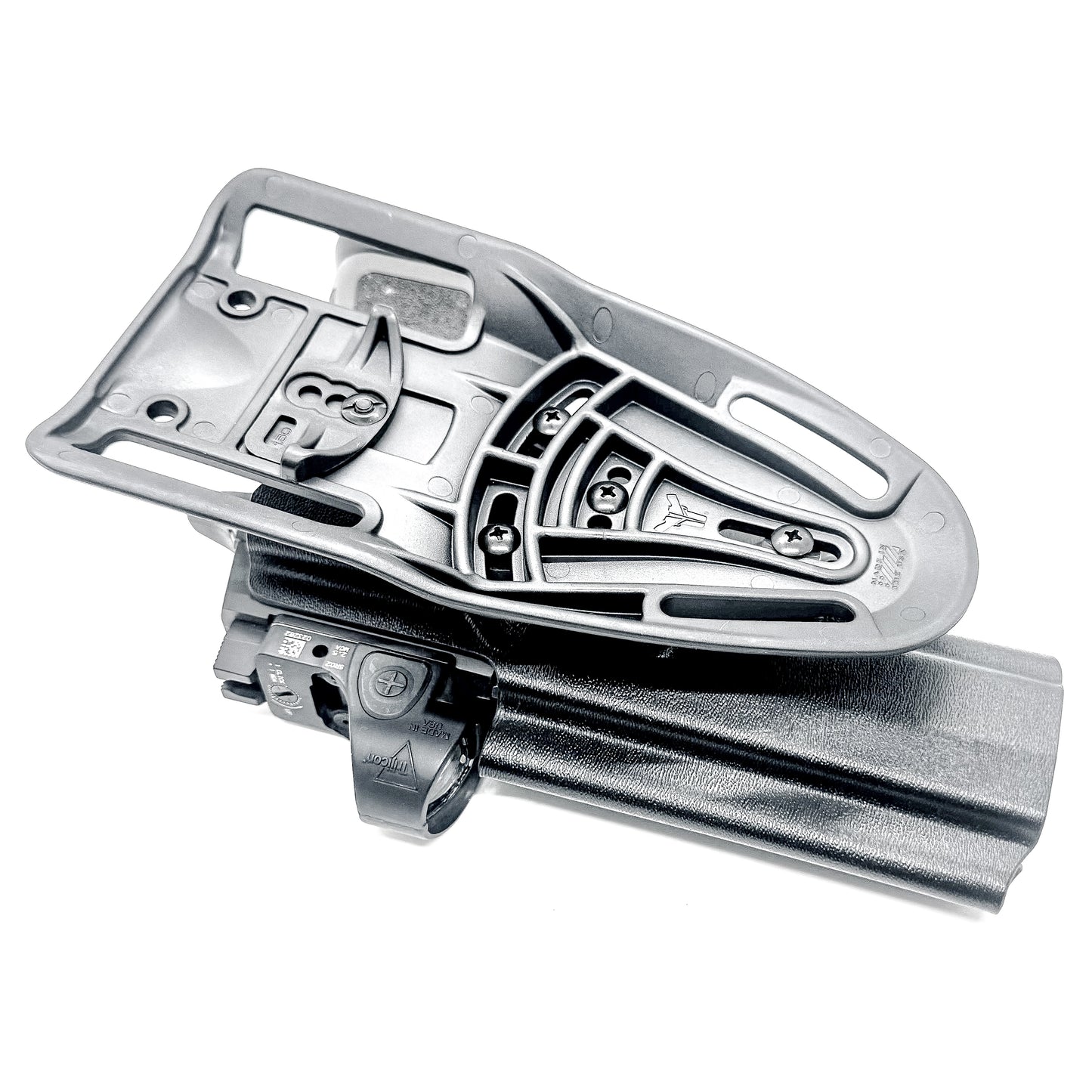 Outside Waistband Sig P320 & Align Tactical Thumb Rest Takedown Lever installed Duty & Competition Kydex Holster in black with a duty drop attachment.