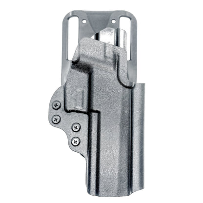 Outside Waistband Sig P320 & Align Tactical Thumb Rest Takedown Lever installed Duty & Competition Kydex Holster in black with a duty drop attachment.