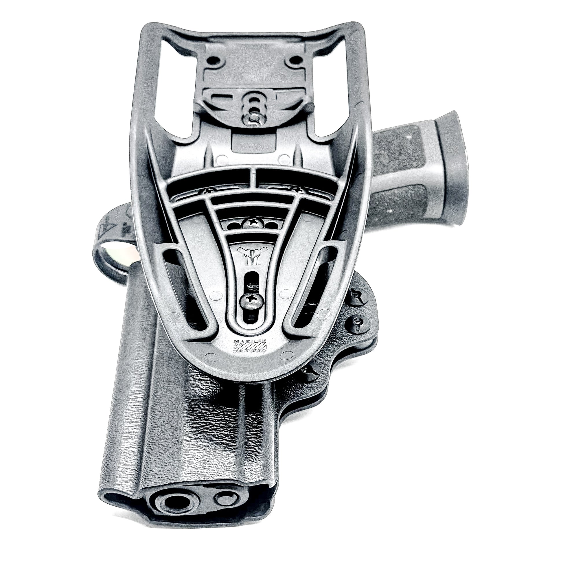 Outside Waistband Sig P320 & Align Tactical Thumb Rest Takedown Lever installed Duty & Competition Kydex Holster in black with a duty drop attachment.