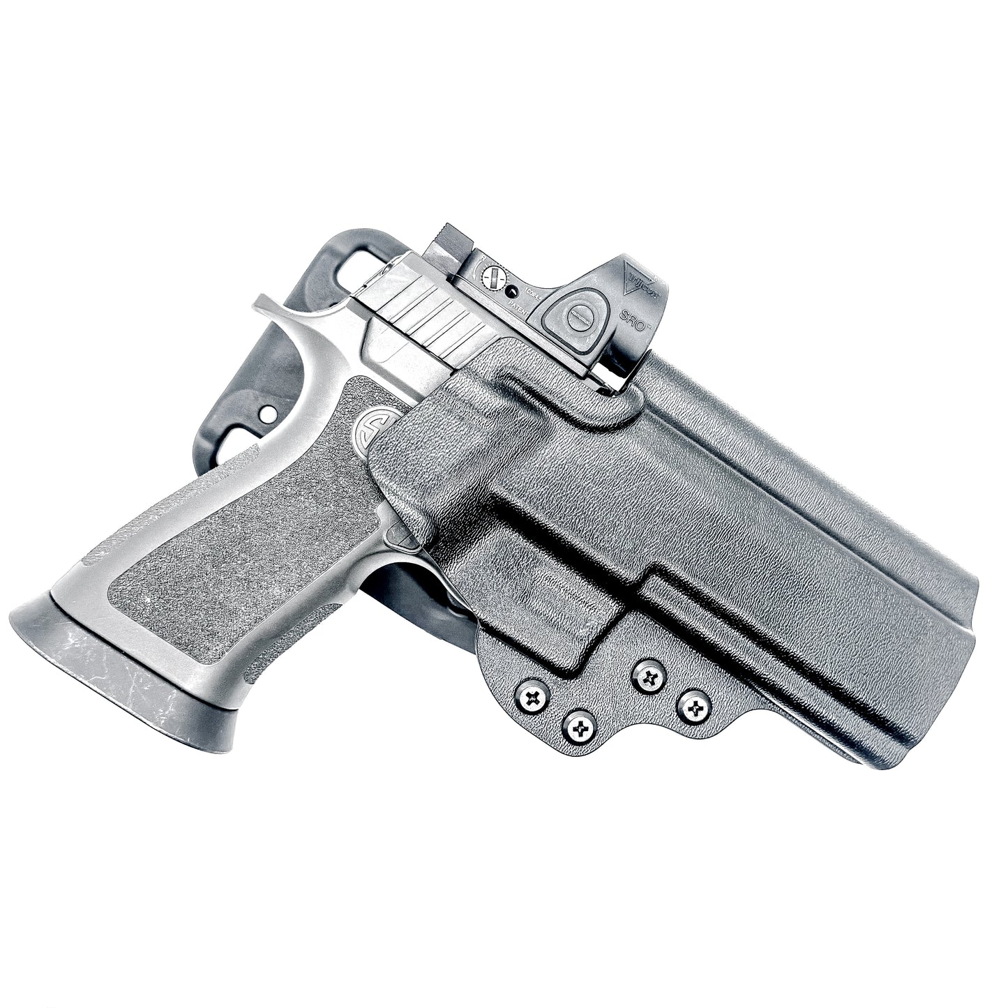 Outside Waistband Sig P320 & Align Tactical Thumb Rest Takedown Lever installed Duty & Competition Kydex Holster in black with a duty drop attachment.