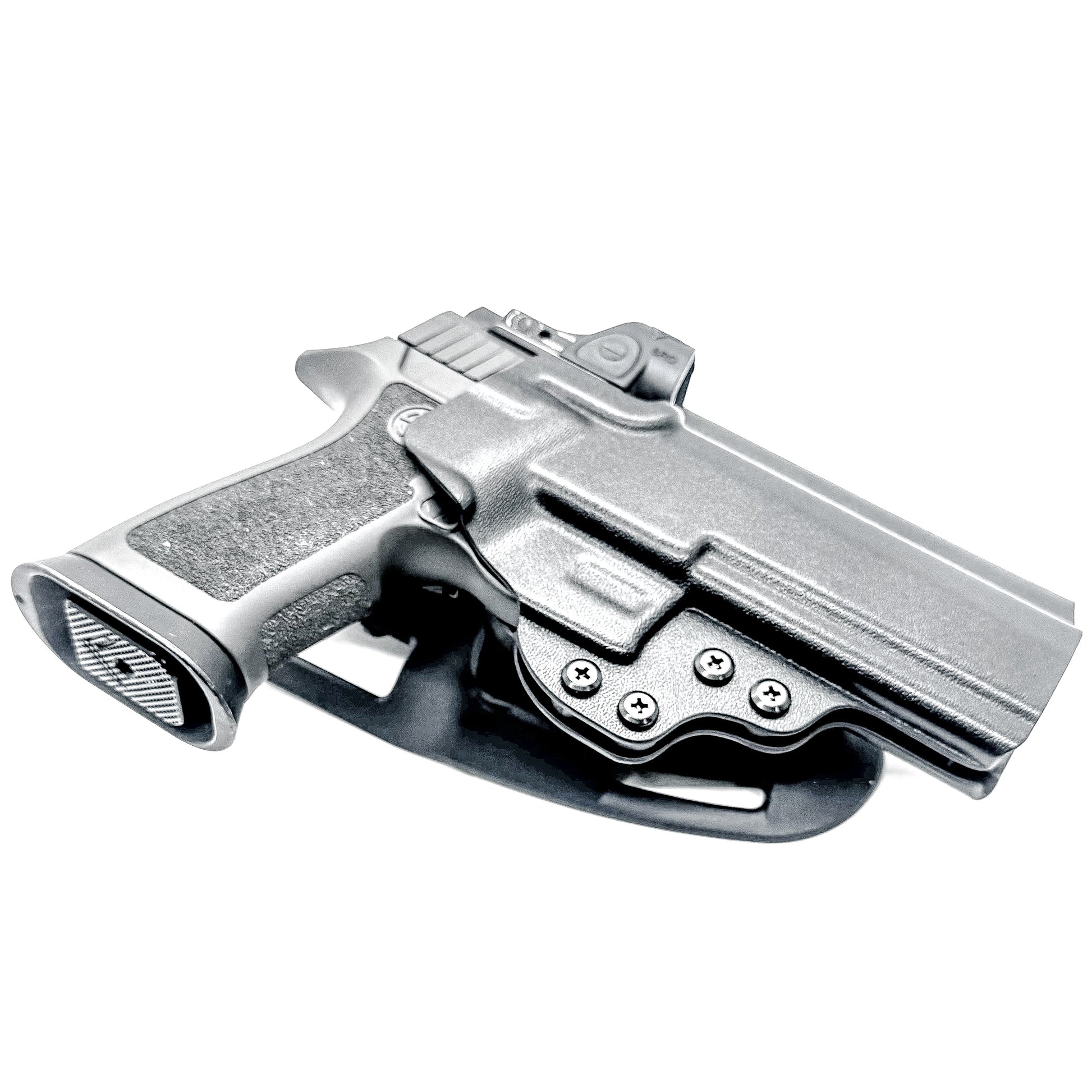 Outside Waistband Sig P320 & Align Tactical Thumb Rest Takedown Lever installed Duty & Competition Kydex Holster in black with a duty drop attachment.