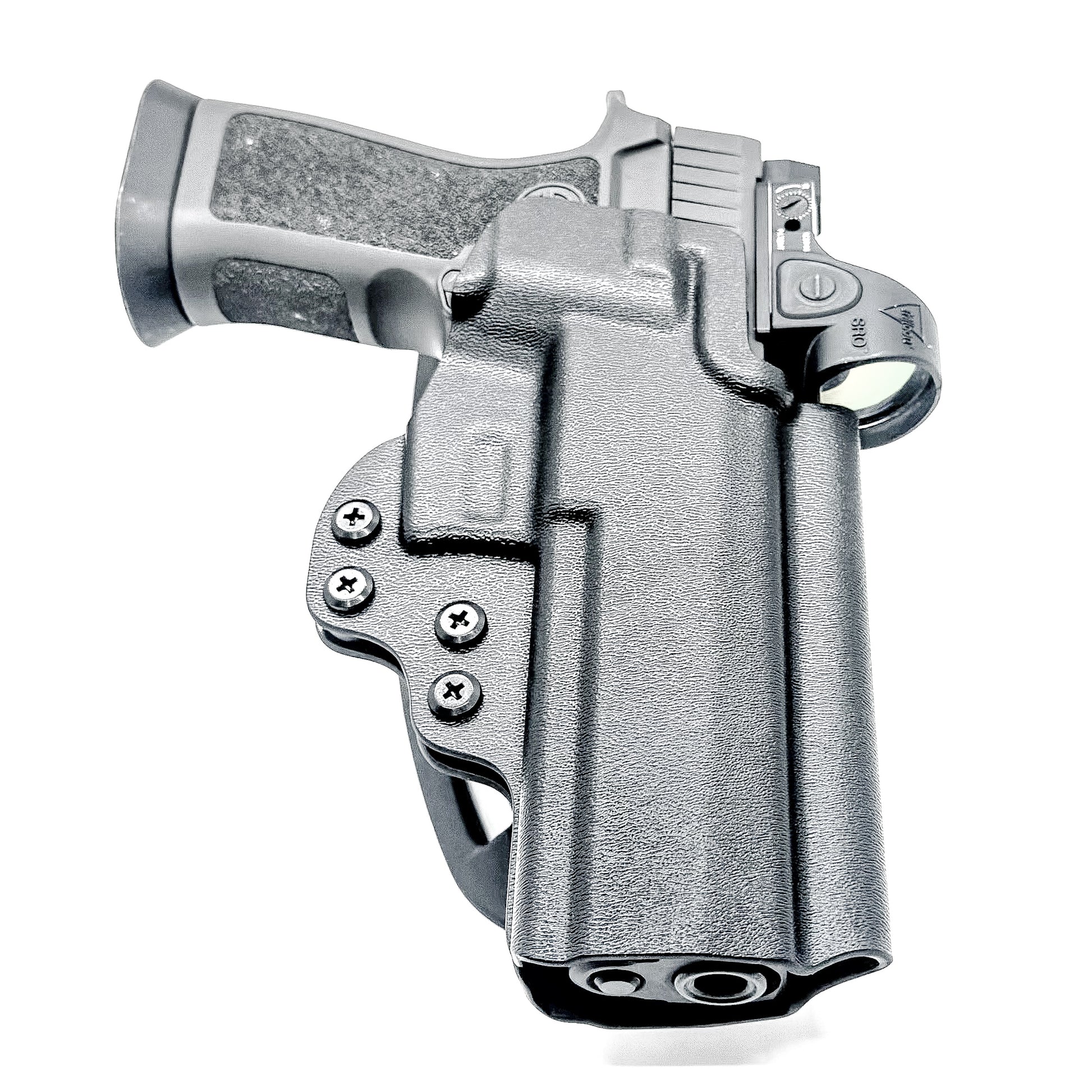 Outside Waistband Sig P320 & Align Tactical Thumb Rest Takedown Lever installed Duty & Competition Kydex Holster in black with a duty drop attachment.