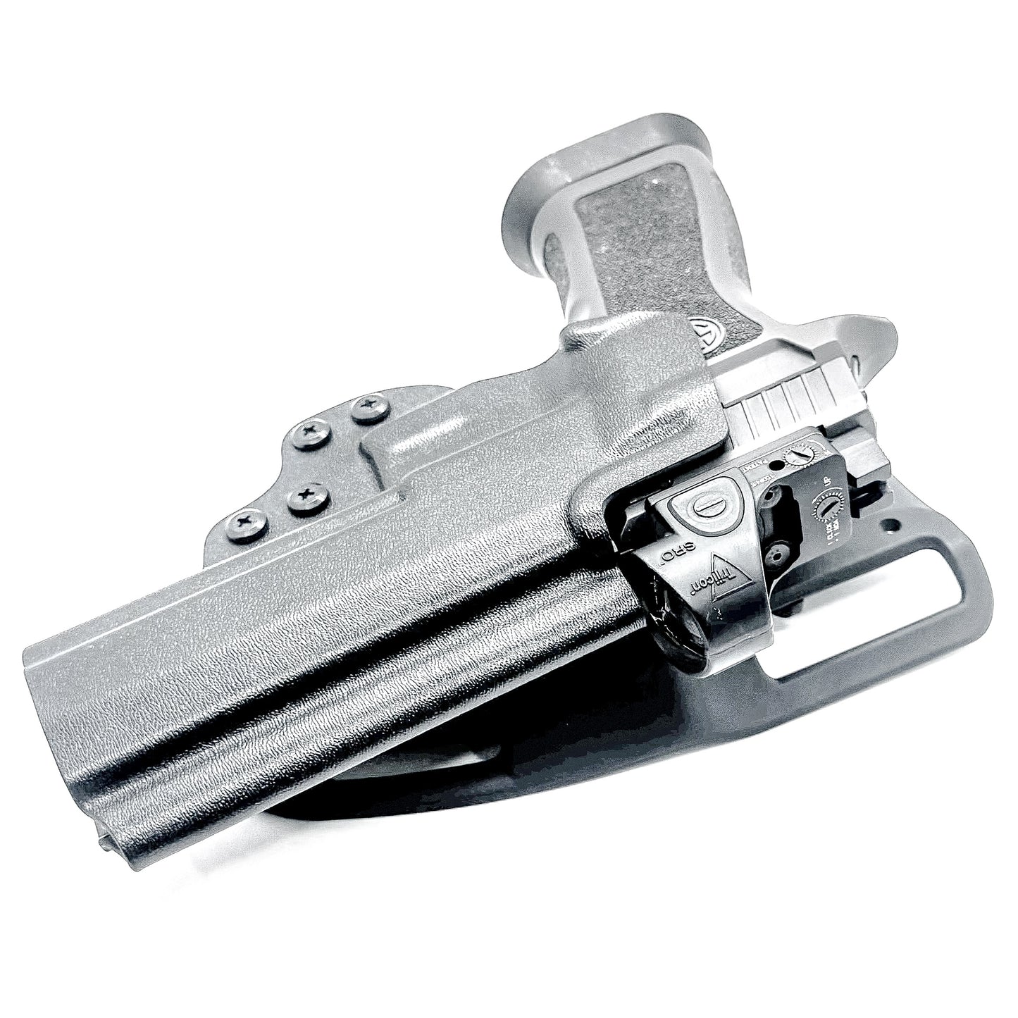 Outside Waistband Sig P320 & Align Tactical Thumb Rest Takedown Lever installed Duty & Competition Kydex Holster in black with a duty drop attachment.