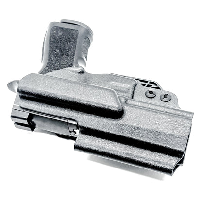 Inside Waistband IWB Holster for the P320 Carry pistols, and M18 with Align Tactical Thumb Rest Takedown Lever in black with a DCC Monoblock and a Modwing.