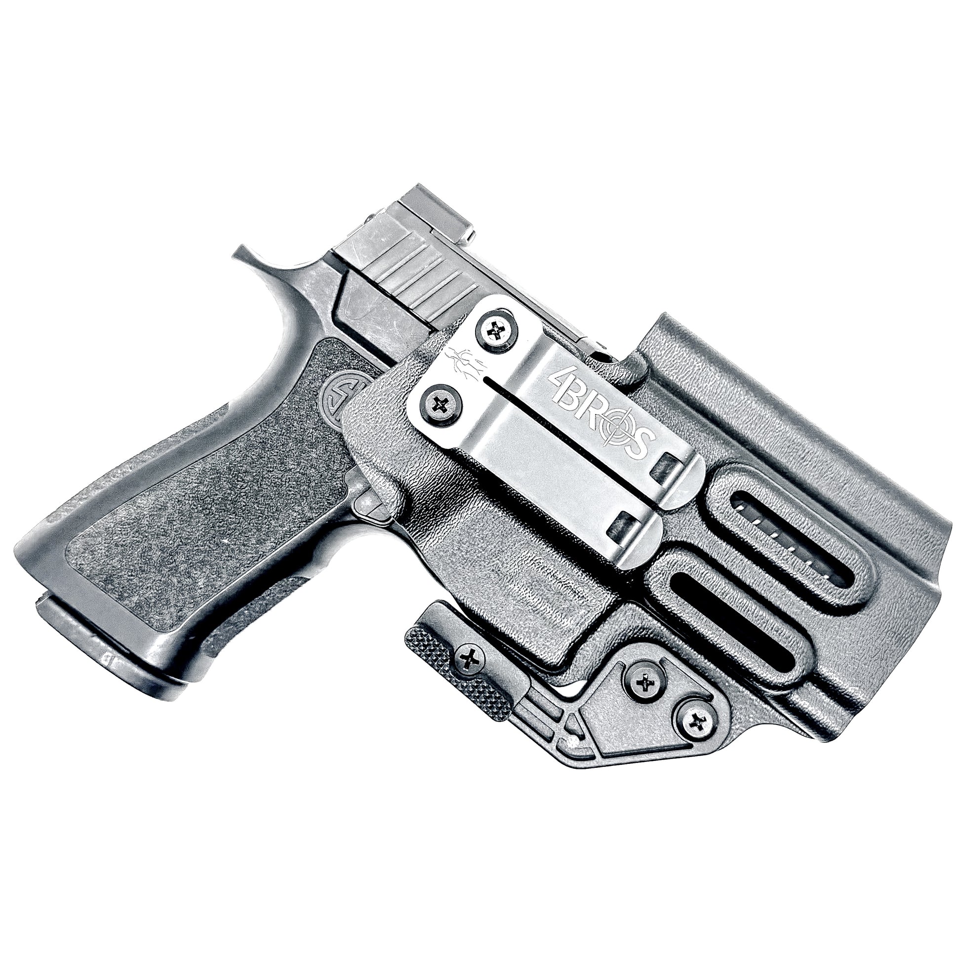 Inside Waistband IWB Holster for the P320 Carry pistols, and M18 with Align Tactical Thumb Rest Takedown Lever in black with a DCC Monoblock and a Modwing.